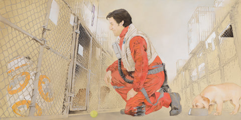 unfinished oil painting of Poe picking BB-8 at the pound