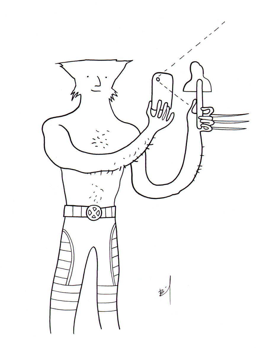 Logan taking a selfie ink drawing