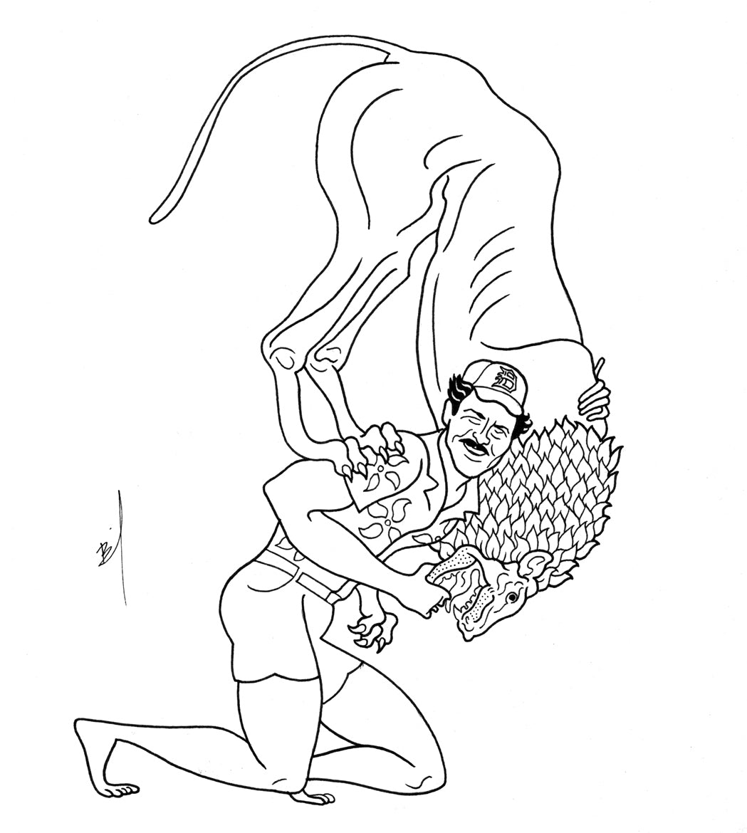 Drawing of Magnum, P.I. wrestling the Nemean Lion