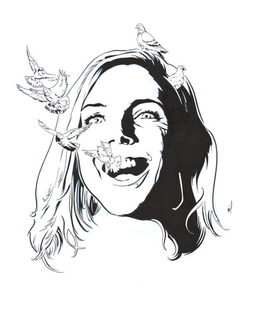 ink drawing of June Diane Raphael shooting birds out her mouth