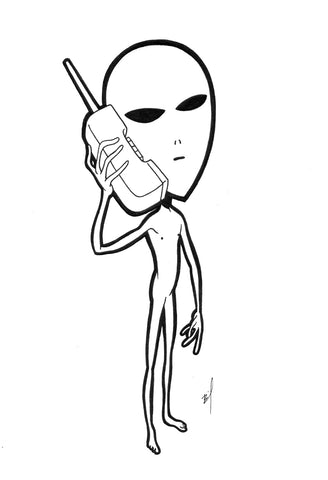 Drawing of an alien talking on a cell phone