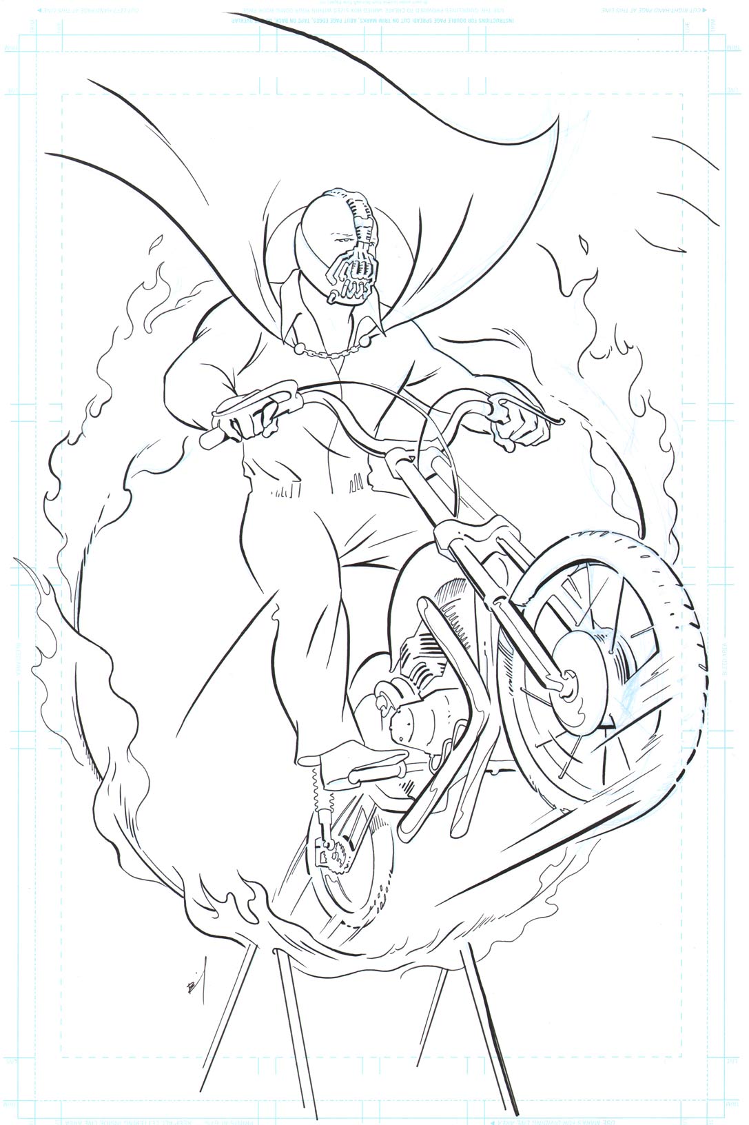 Bane jumping through a flaming hoop on a motorcycle original ink drawing