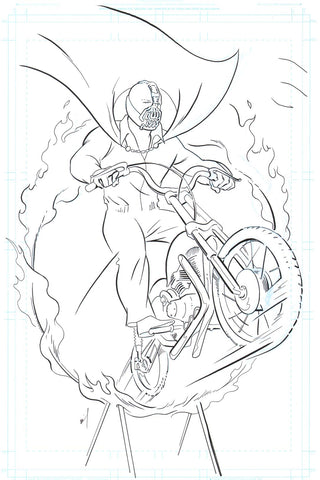 Bane jumping through a flaming hoop on a motorcycle original ink drawing