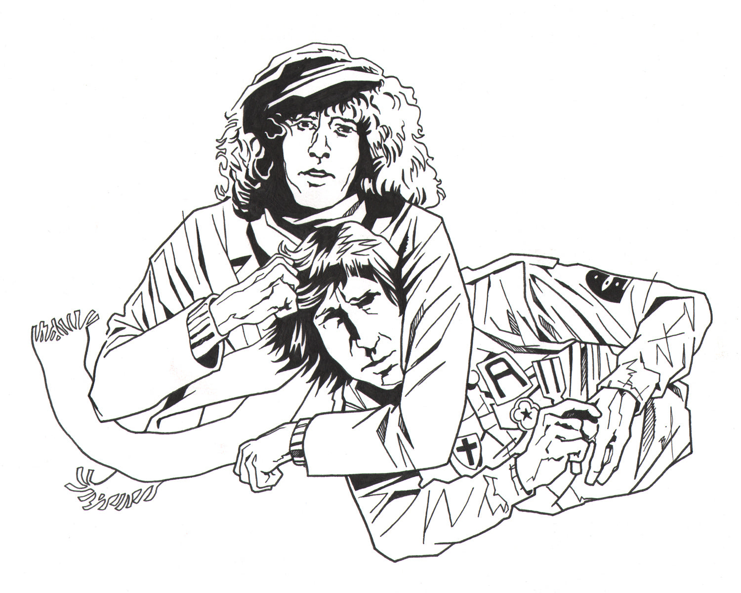Roger Daltrey giving Pete Townshend a noogie ink drawing