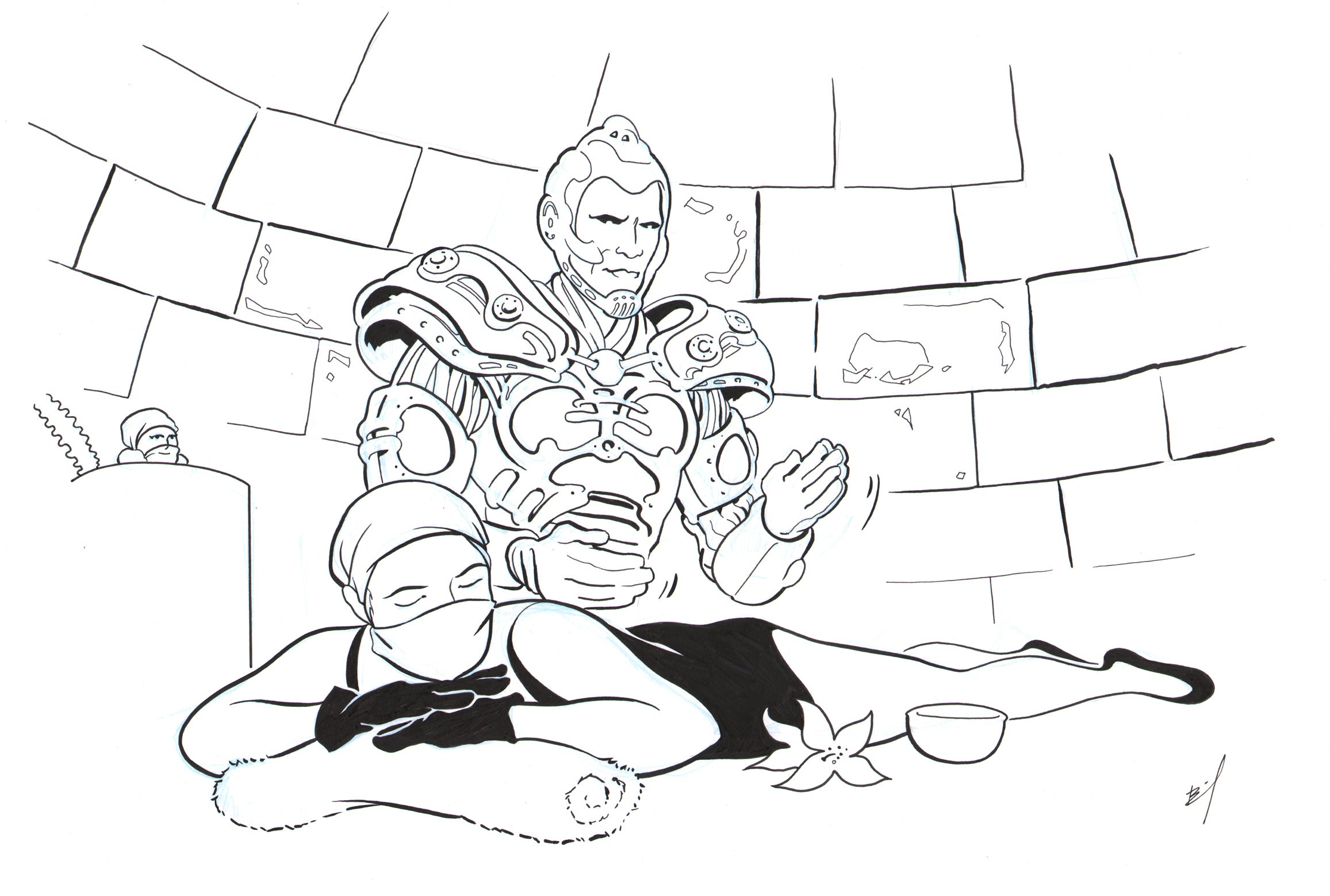 Drawing of Mr. Freeze giving a massage