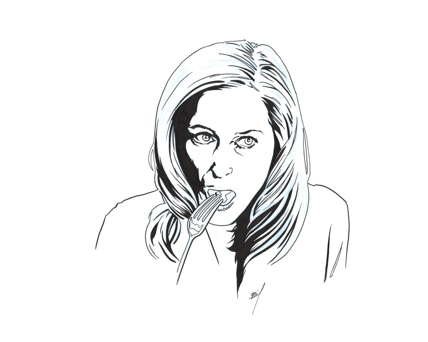 “Gillian Anderson Eating Food” original ink drawing