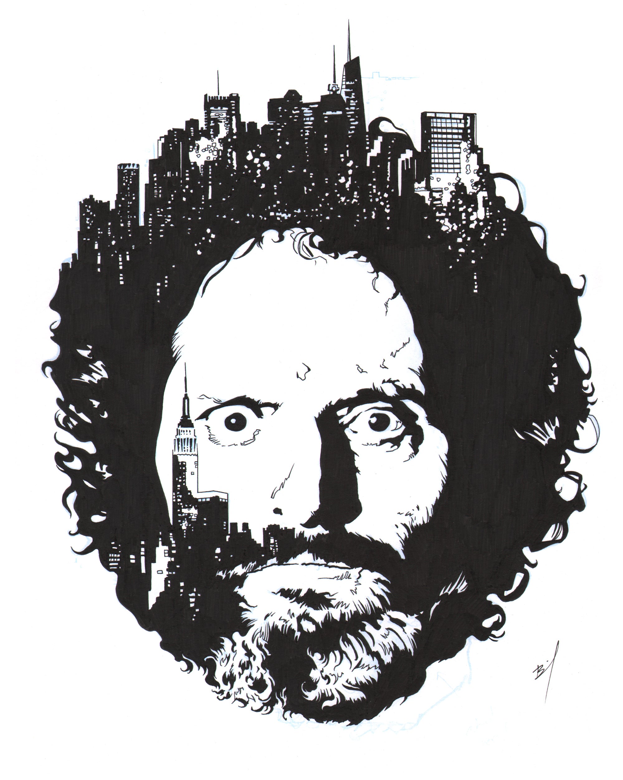 Drawing of Jason Mantzoukas with some buildings in his hair