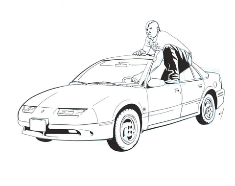 Vin Diesel driving a Saturn original ink drawing